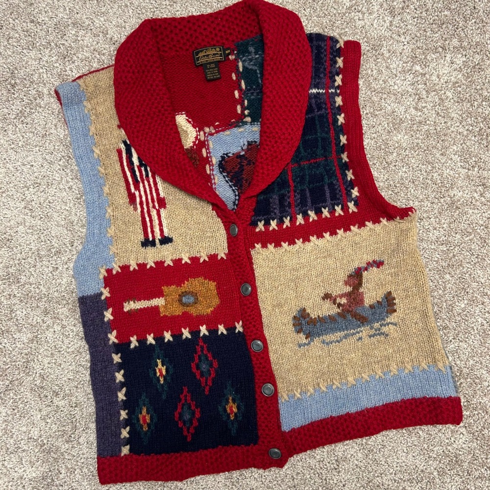 Vintage Eddie Bauer Wool Patchwork Sweater Vest Canoe Buffalo Americana Women M